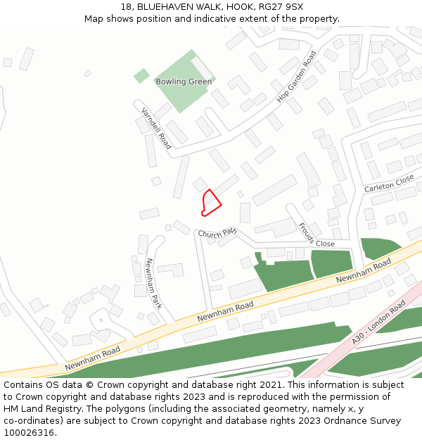 18, BLUEHAVEN WALK, HOOK, RG27 9SX: Location map and indicative extent of plot