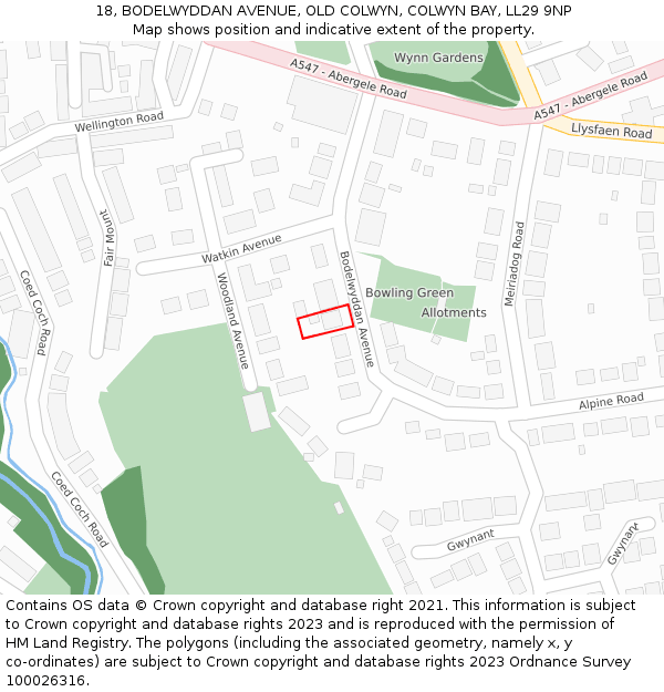 18, BODELWYDDAN AVENUE, OLD COLWYN, COLWYN BAY, LL29 9NP: Location map and indicative extent of plot