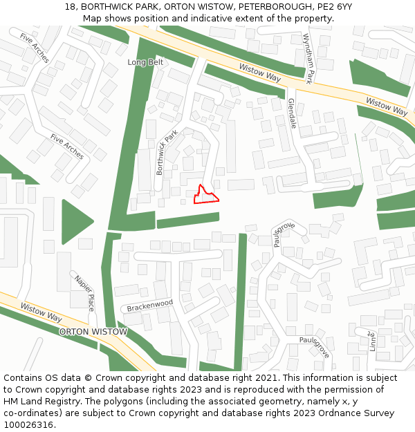 18, BORTHWICK PARK, ORTON WISTOW, PETERBOROUGH, PE2 6YY: Location map and indicative extent of plot