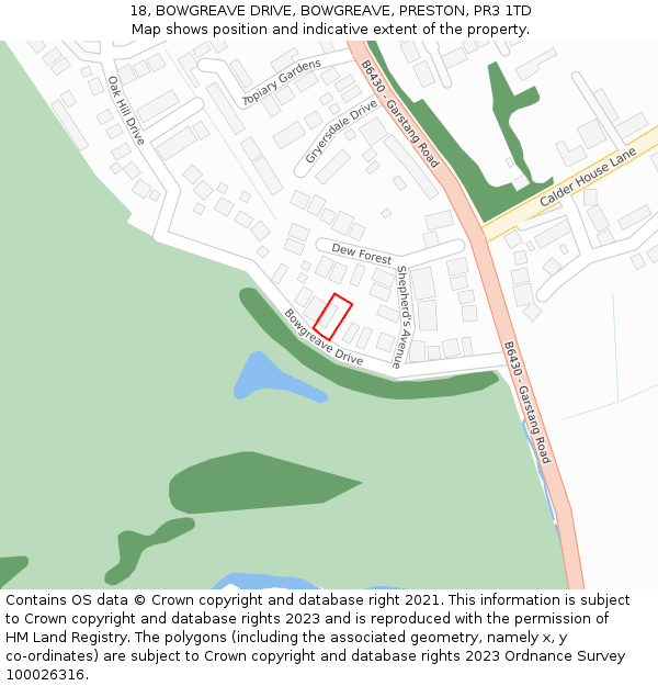 18, BOWGREAVE DRIVE, BOWGREAVE, PRESTON, PR3 1TD: Location map and indicative extent of plot