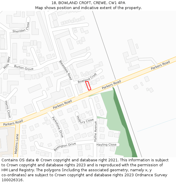 18, BOWLAND CROFT, CREWE, CW1 4PA: Location map and indicative extent of plot