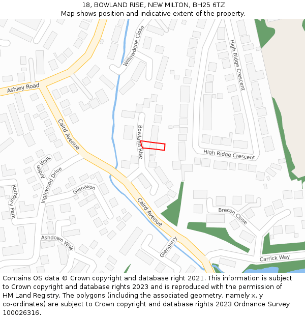 18, BOWLAND RISE, NEW MILTON, BH25 6TZ: Location map and indicative extent of plot