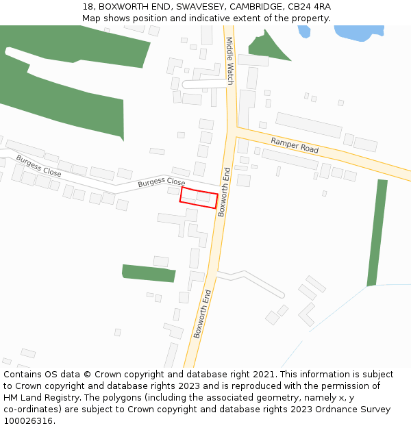 18, BOXWORTH END, SWAVESEY, CAMBRIDGE, CB24 4RA: Location map and indicative extent of plot