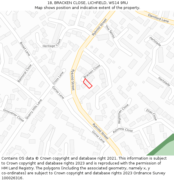 18, BRACKEN CLOSE, LICHFIELD, WS14 9RU: Location map and indicative extent of plot