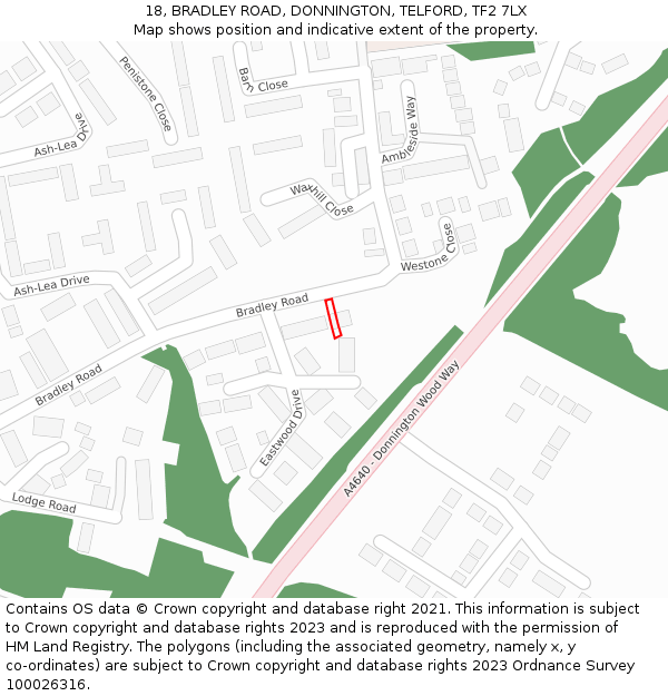 18, BRADLEY ROAD, DONNINGTON, TELFORD, TF2 7LX: Location map and indicative extent of plot