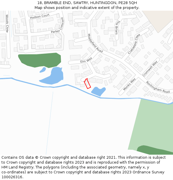 18, BRAMBLE END, SAWTRY, HUNTINGDON, PE28 5QH: Location map and indicative extent of plot