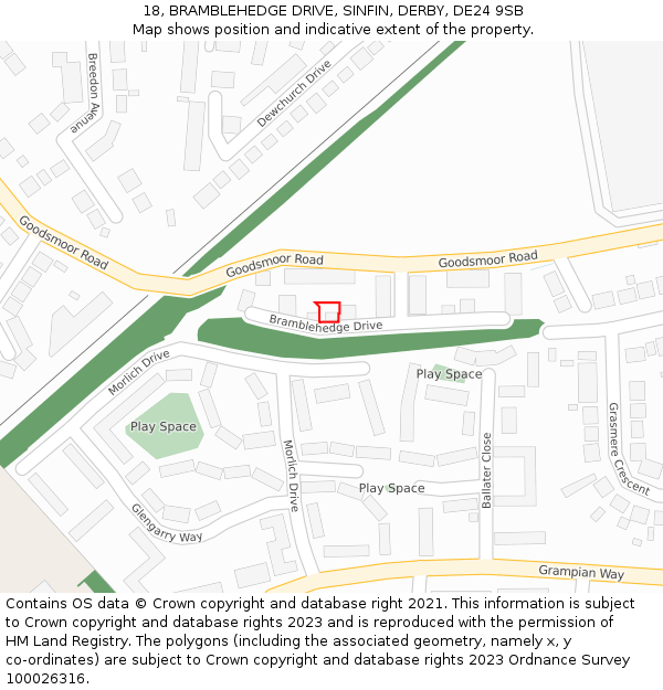 18, BRAMBLEHEDGE DRIVE, SINFIN, DERBY, DE24 9SB: Location map and indicative extent of plot