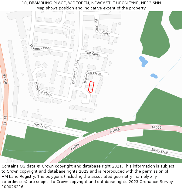 18, BRAMBLING PLACE, WIDEOPEN, NEWCASTLE UPON TYNE, NE13 6NN: Location map and indicative extent of plot