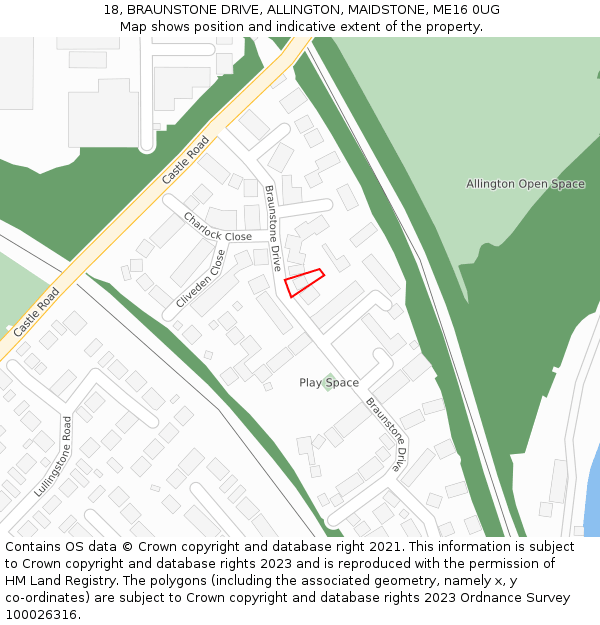 18, BRAUNSTONE DRIVE, ALLINGTON, MAIDSTONE, ME16 0UG: Location map and indicative extent of plot