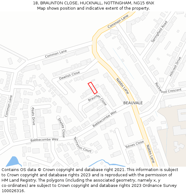 18, BRAUNTON CLOSE, HUCKNALL, NOTTINGHAM, NG15 6NX: Location map and indicative extent of plot