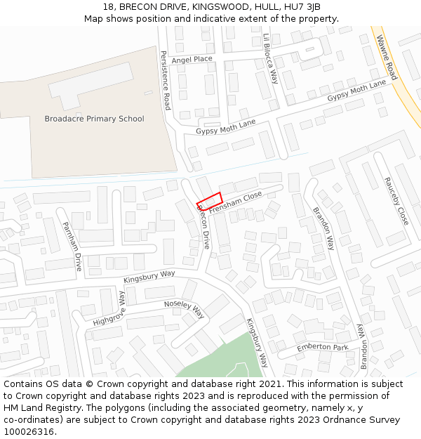 18, BRECON DRIVE, KINGSWOOD, HULL, HU7 3JB: Location map and indicative extent of plot