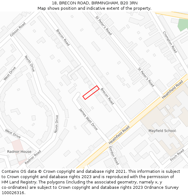 18, BRECON ROAD, BIRMINGHAM, B20 3RN: Location map and indicative extent of plot