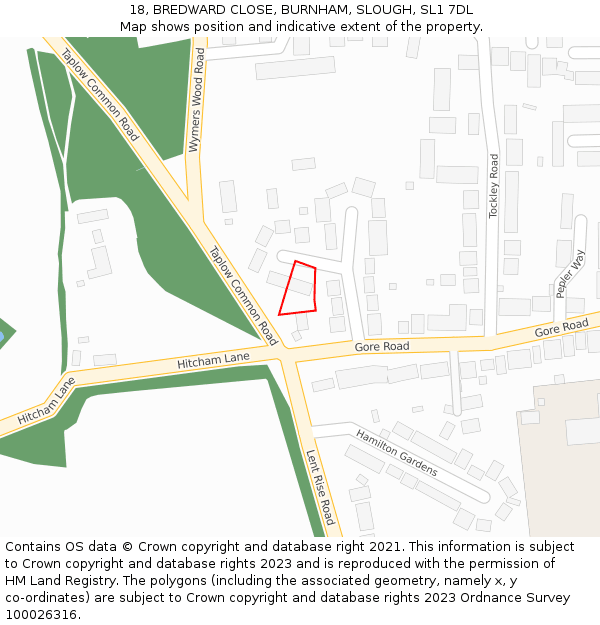 18, BREDWARD CLOSE, BURNHAM, SLOUGH, SL1 7DL: Location map and indicative extent of plot