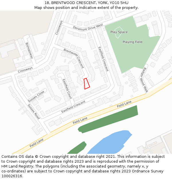 18, BRENTWOOD CRESCENT, YORK, YO10 5HU: Location map and indicative extent of plot
