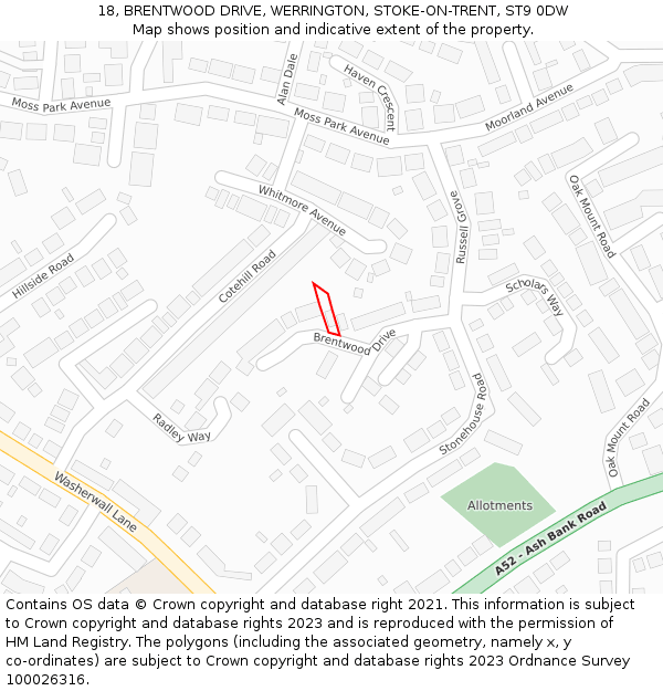 18, BRENTWOOD DRIVE, WERRINGTON, STOKE-ON-TRENT, ST9 0DW: Location map and indicative extent of plot