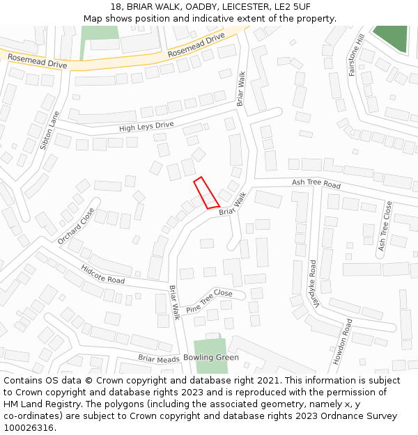 18, BRIAR WALK, OADBY, LEICESTER, LE2 5UF: Location map and indicative extent of plot