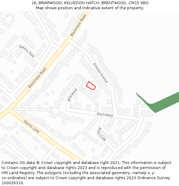 18, BRIARWOOD, KELVEDON HATCH, BRENTWOOD, CM15 0BG: Location map and indicative extent of plot