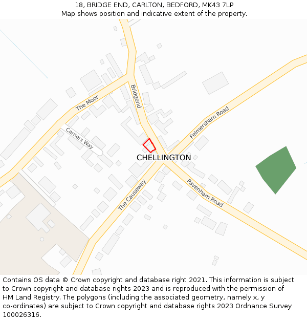 18, BRIDGE END, CARLTON, BEDFORD, MK43 7LP: Location map and indicative extent of plot