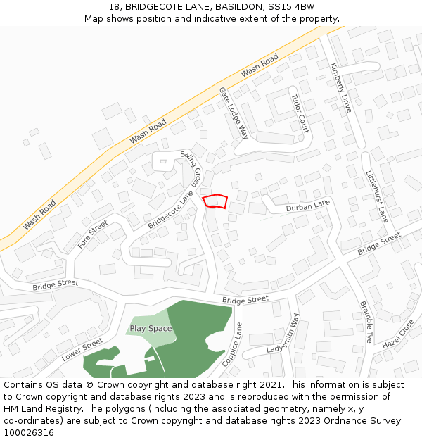 18, BRIDGECOTE LANE, BASILDON, SS15 4BW: Location map and indicative extent of plot