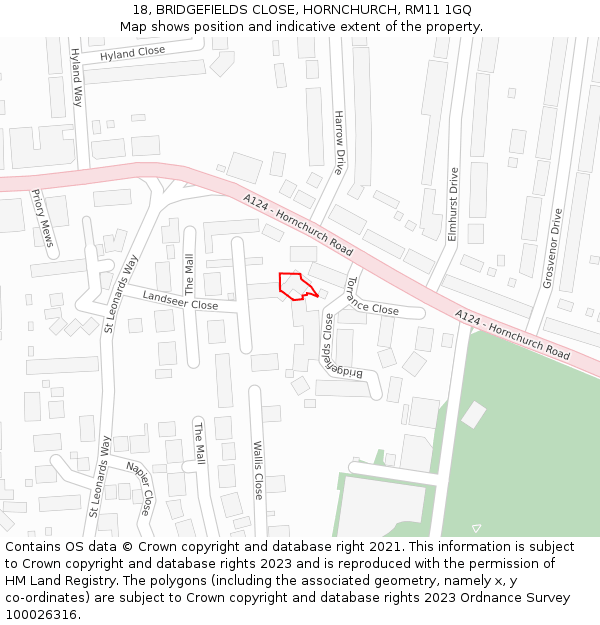 18, BRIDGEFIELDS CLOSE, HORNCHURCH, RM11 1GQ: Location map and indicative extent of plot