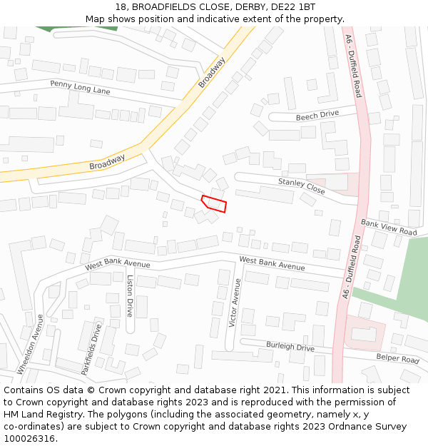 18, BROADFIELDS CLOSE, DERBY, DE22 1BT: Location map and indicative extent of plot
