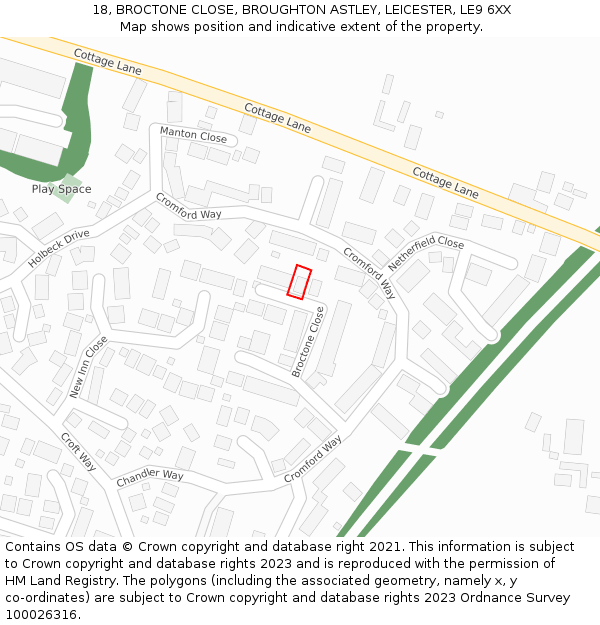 18, BROCTONE CLOSE, BROUGHTON ASTLEY, LEICESTER, LE9 6XX: Location map and indicative extent of plot