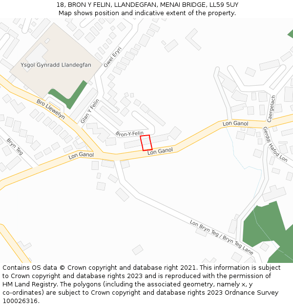 18, BRON Y FELIN, LLANDEGFAN, MENAI BRIDGE, LL59 5UY: Location map and indicative extent of plot