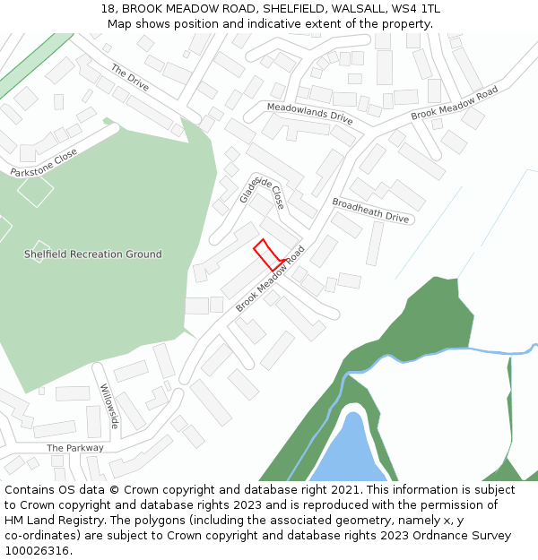 18, BROOK MEADOW ROAD, SHELFIELD, WALSALL, WS4 1TL: Location map and indicative extent of plot