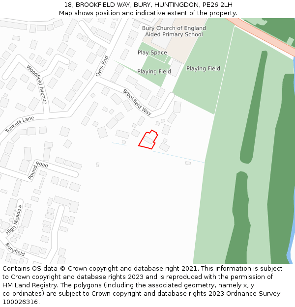 18, BROOKFIELD WAY, BURY, HUNTINGDON, PE26 2LH: Location map and indicative extent of plot