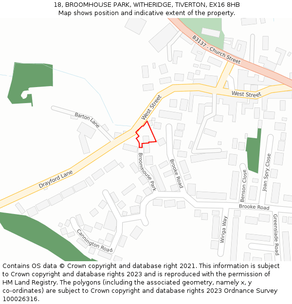 18, BROOMHOUSE PARK, WITHERIDGE, TIVERTON, EX16 8HB: Location map and indicative extent of plot