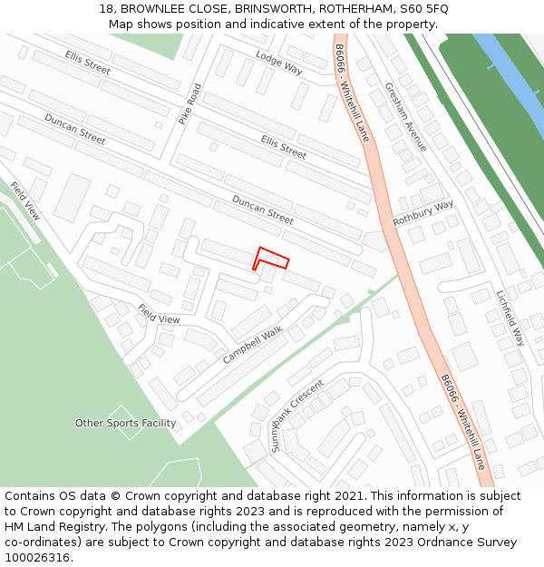 18, BROWNLEE CLOSE, BRINSWORTH, ROTHERHAM, S60 5FQ: Location map and indicative extent of plot