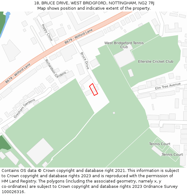 18, BRUCE DRIVE, WEST BRIDGFORD, NOTTINGHAM, NG2 7RJ: Location map and indicative extent of plot