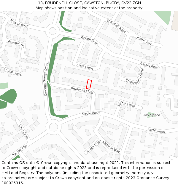 18, BRUDENELL CLOSE, CAWSTON, RUGBY, CV22 7GN: Location map and indicative extent of plot