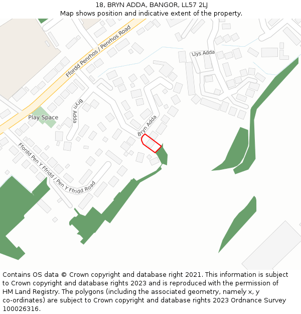 18, BRYN ADDA, BANGOR, LL57 2LJ: Location map and indicative extent of plot