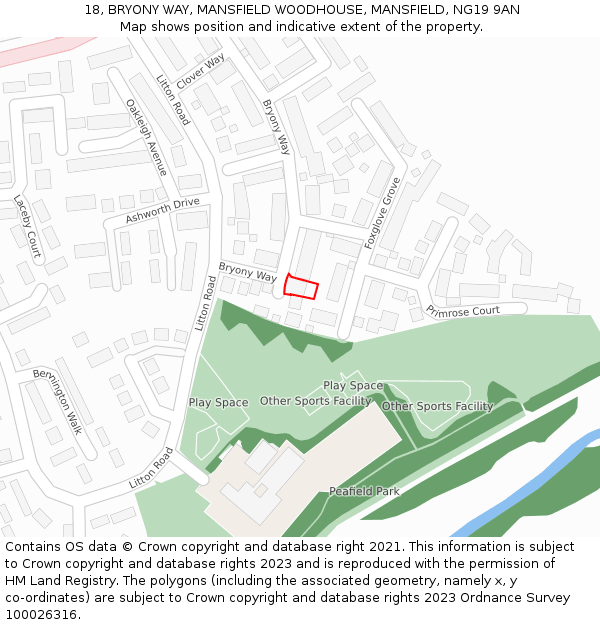 18, BRYONY WAY, MANSFIELD WOODHOUSE, MANSFIELD, NG19 9AN: Location map and indicative extent of plot