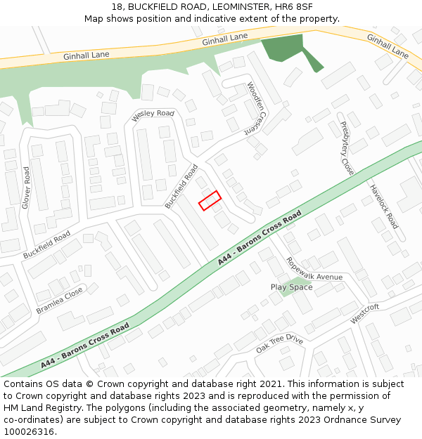 18, BUCKFIELD ROAD, LEOMINSTER, HR6 8SF: Location map and indicative extent of plot