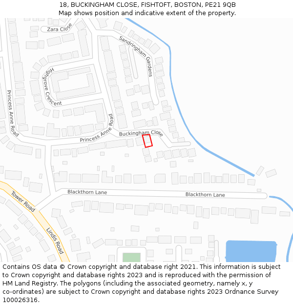 18, BUCKINGHAM CLOSE, FISHTOFT, BOSTON, PE21 9QB: Location map and indicative extent of plot