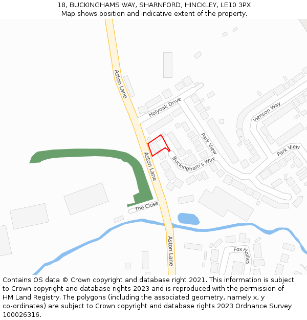 18, BUCKINGHAMS WAY, SHARNFORD, HINCKLEY, LE10 3PX: Location map and indicative extent of plot