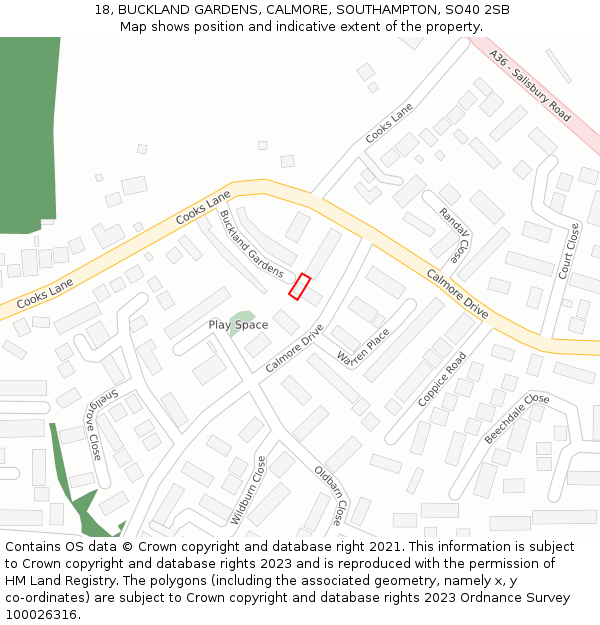 18, BUCKLAND GARDENS, CALMORE, SOUTHAMPTON, SO40 2SB: Location map and indicative extent of plot