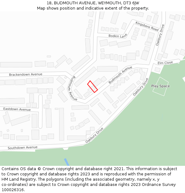 18, BUDMOUTH AVENUE, WEYMOUTH, DT3 6JW: Location map and indicative extent of plot