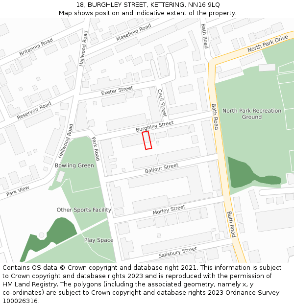 18, BURGHLEY STREET, KETTERING, NN16 9LQ: Location map and indicative extent of plot