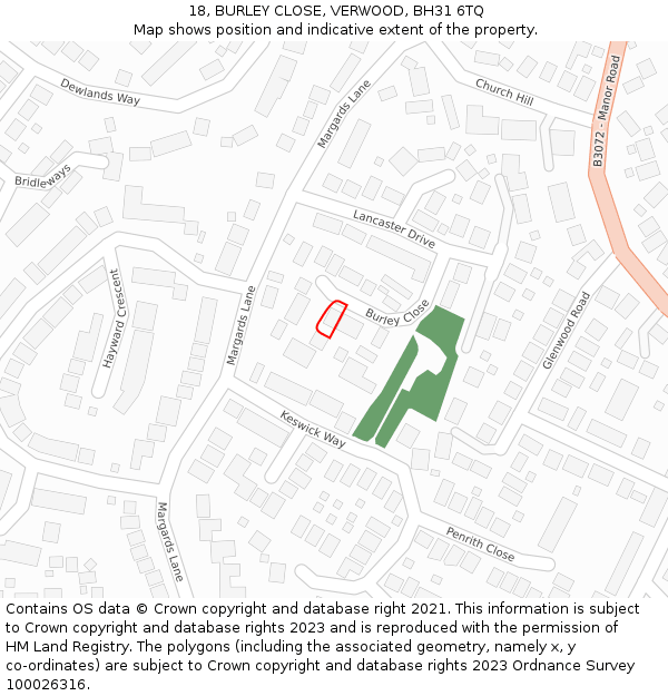 18, BURLEY CLOSE, VERWOOD, BH31 6TQ: Location map and indicative extent of plot