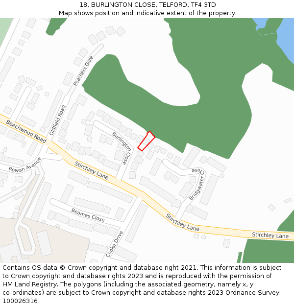 18, BURLINGTON CLOSE, TELFORD, TF4 3TD: Location map and indicative extent of plot