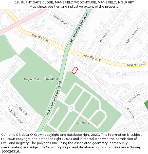 18, BURNT OAKS CLOSE, MANSFIELD WOODHOUSE, MANSFIELD, NG19 9BY: Location map and indicative extent of plot