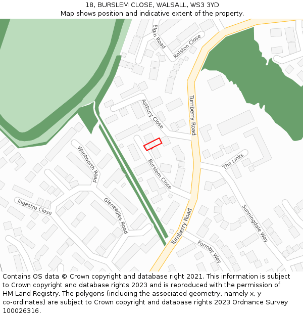 18, BURSLEM CLOSE, WALSALL, WS3 3YD: Location map and indicative extent of plot