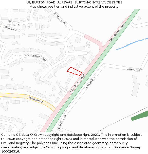 18, BURTON ROAD, ALREWAS, BURTON-ON-TRENT, DE13 7BB: Location map and indicative extent of plot