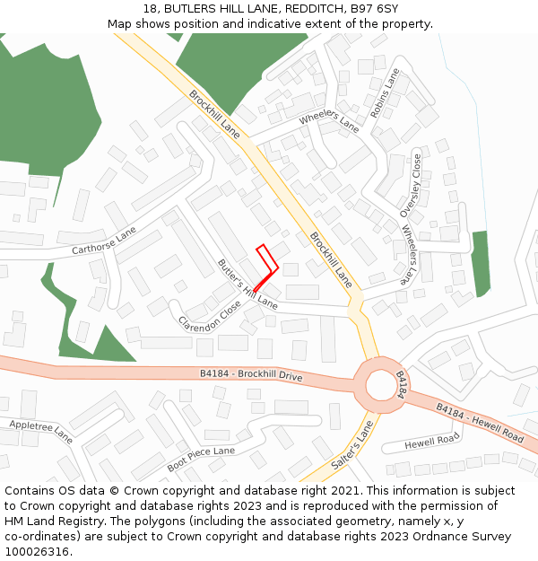 18, BUTLERS HILL LANE, REDDITCH, B97 6SY: Location map and indicative extent of plot