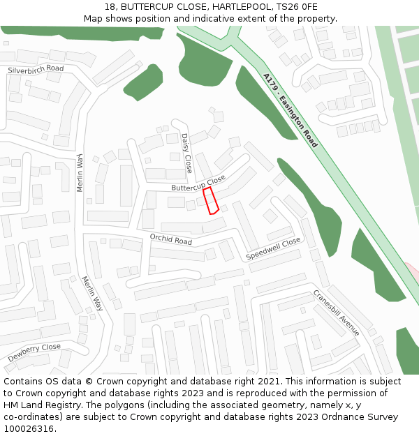 18, BUTTERCUP CLOSE, HARTLEPOOL, TS26 0FE: Location map and indicative extent of plot