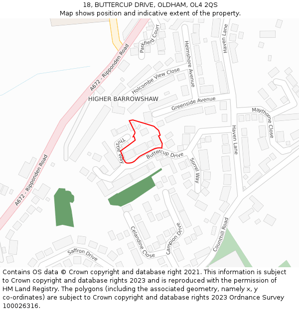 18, BUTTERCUP DRIVE, OLDHAM, OL4 2QS: Location map and indicative extent of plot