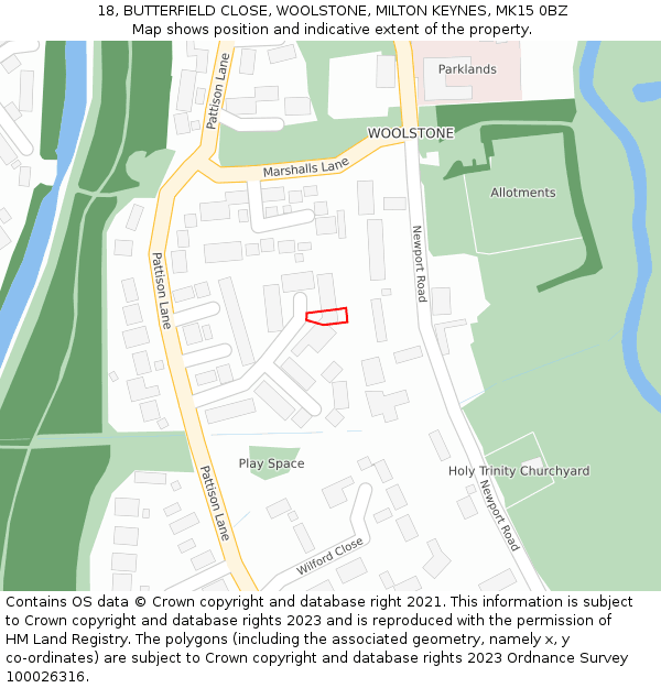 18, BUTTERFIELD CLOSE, WOOLSTONE, MILTON KEYNES, MK15 0BZ: Location map and indicative extent of plot